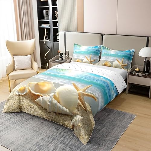 Miniatura 3 de Juegos de ropa de cama de 100% algodón con temática de playa, tamaño completo, funda de edredón azul océano, juegos de cama con estampado de conchas
