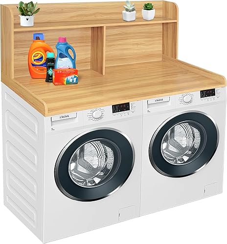 Royxen Encimera de lavadora y secadora de 2 niveles, 19.5 pulgadas de alto de madera con estante de almacenamiento, encimera de lavandería sobre