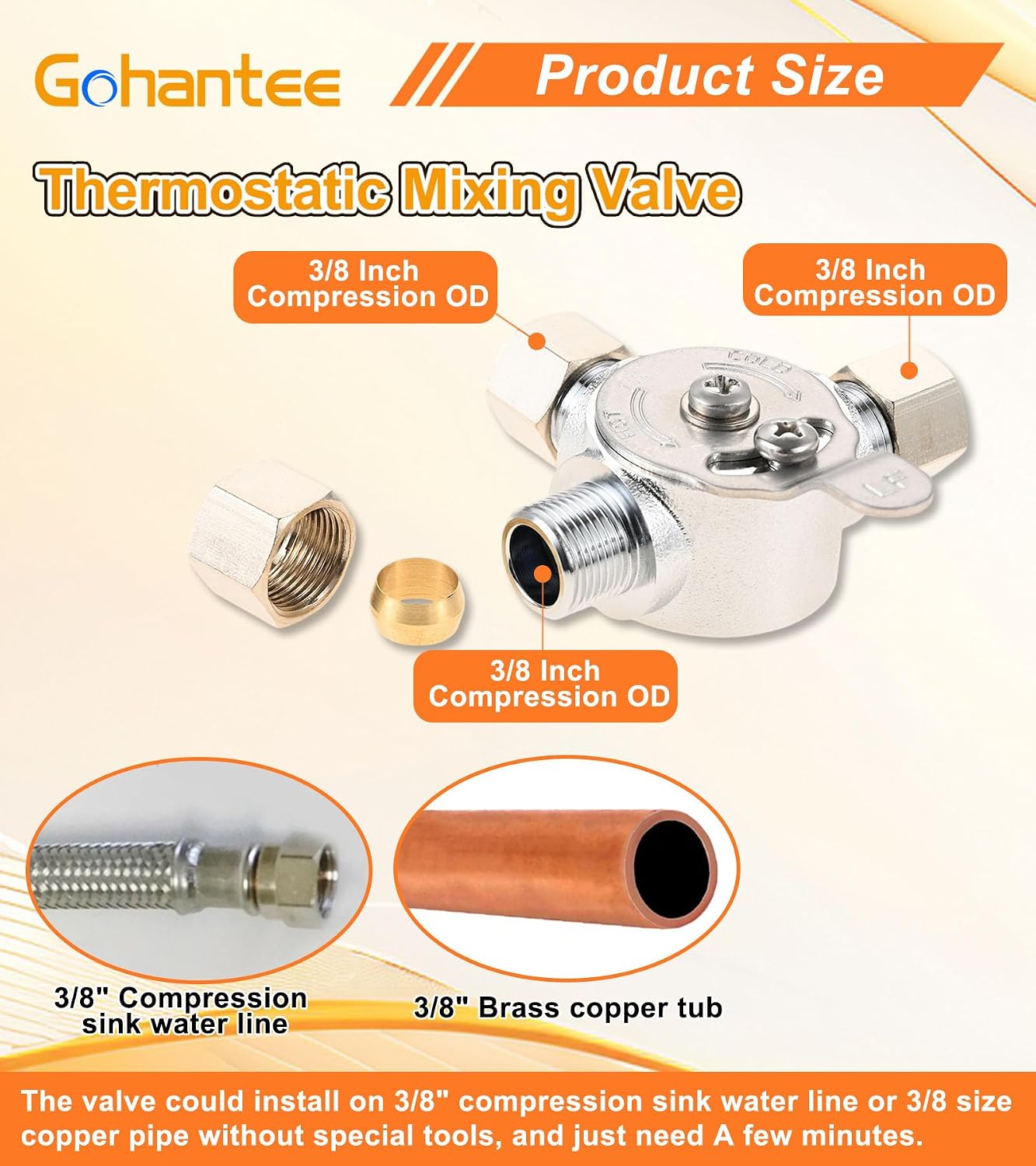 Below Deck Mixing Valve, Water Manual Mixing Hot and Cold Water Valve | 3/8" Compression Fittings on inlets and Outlet, Below Deck Manual Mixing Valve Compression Nuts Included