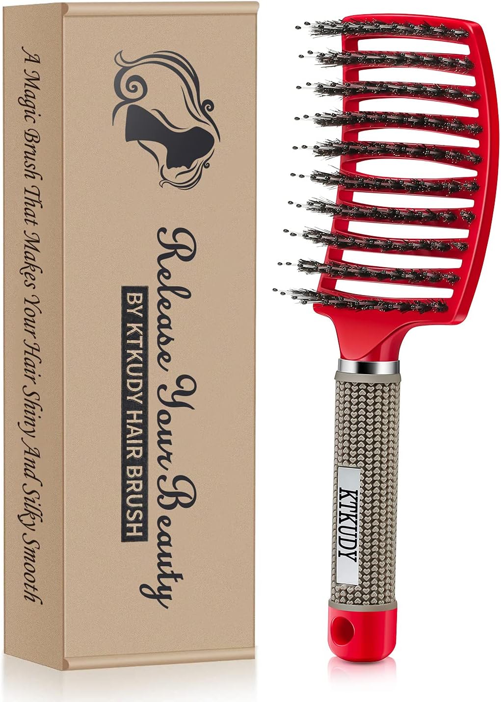 KTKUDY Detangling Hair Brush - Boar Bristle & Tangle-Free Design for Kids, Women, and Men - Perfect for Wet and Dry Hair - Smooth, Magical Pain-Free Styling (Red)