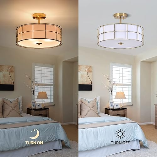 Miniatura 4 de Ludil 16" Semi Flush Mount Ceiling Light Fixture, 3-Light Gold Metal Mesh Drum Ceiling Light, Modern Close to Ceiling Light Fixtures with White