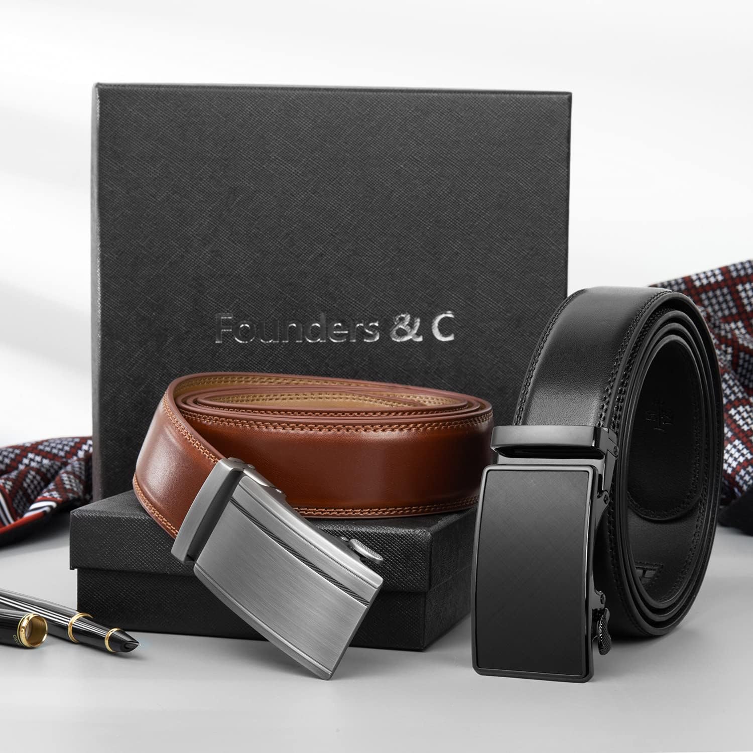 Founders & C Mens Belt 2 Pack,Leather Ratchet Click Belt Dress with Slide Buckle 1 3/8" in Gift Set Box- Size Adjustable - Image 6
