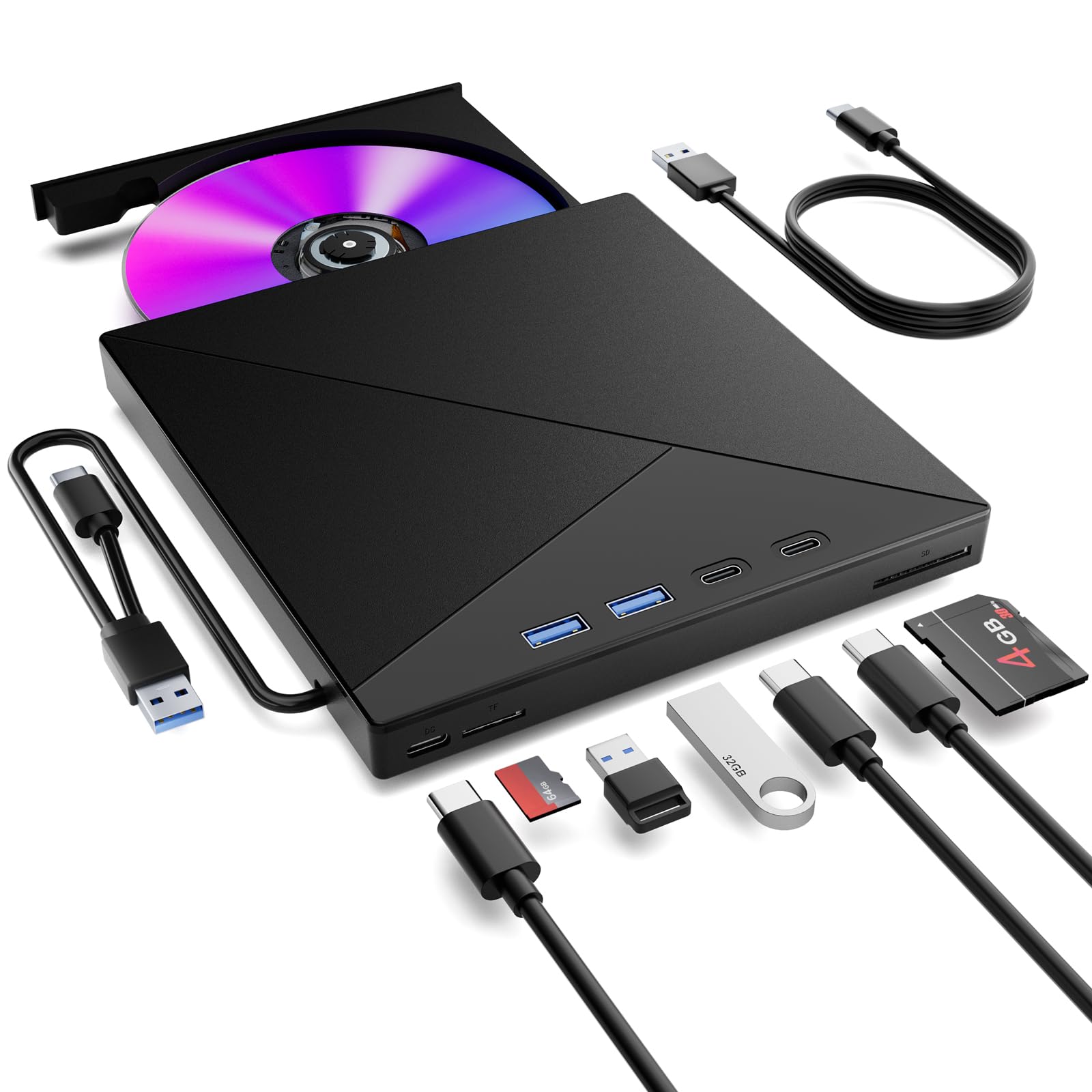 Lecteur CD/DVD Externe pour PC, USB 3.0 Mince Portable Graveur Enregistreur et Type-C CD DVD +/-RW, avec Lecteur de Cartes SD TF, Compatible avec Windows 11/10/8/7,Linux, Mac et PC | Interface USB 3.0 et Type-C et lecteur de carte SD/TF et Hub USB Compati