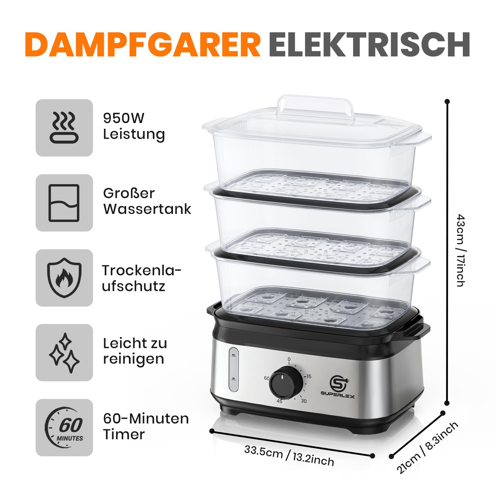 Dampfgarer Elektrisch 950W 3 Schichten 9L Edelstahl 60 Min Timer Antihaft Spülmaschinengeeignet