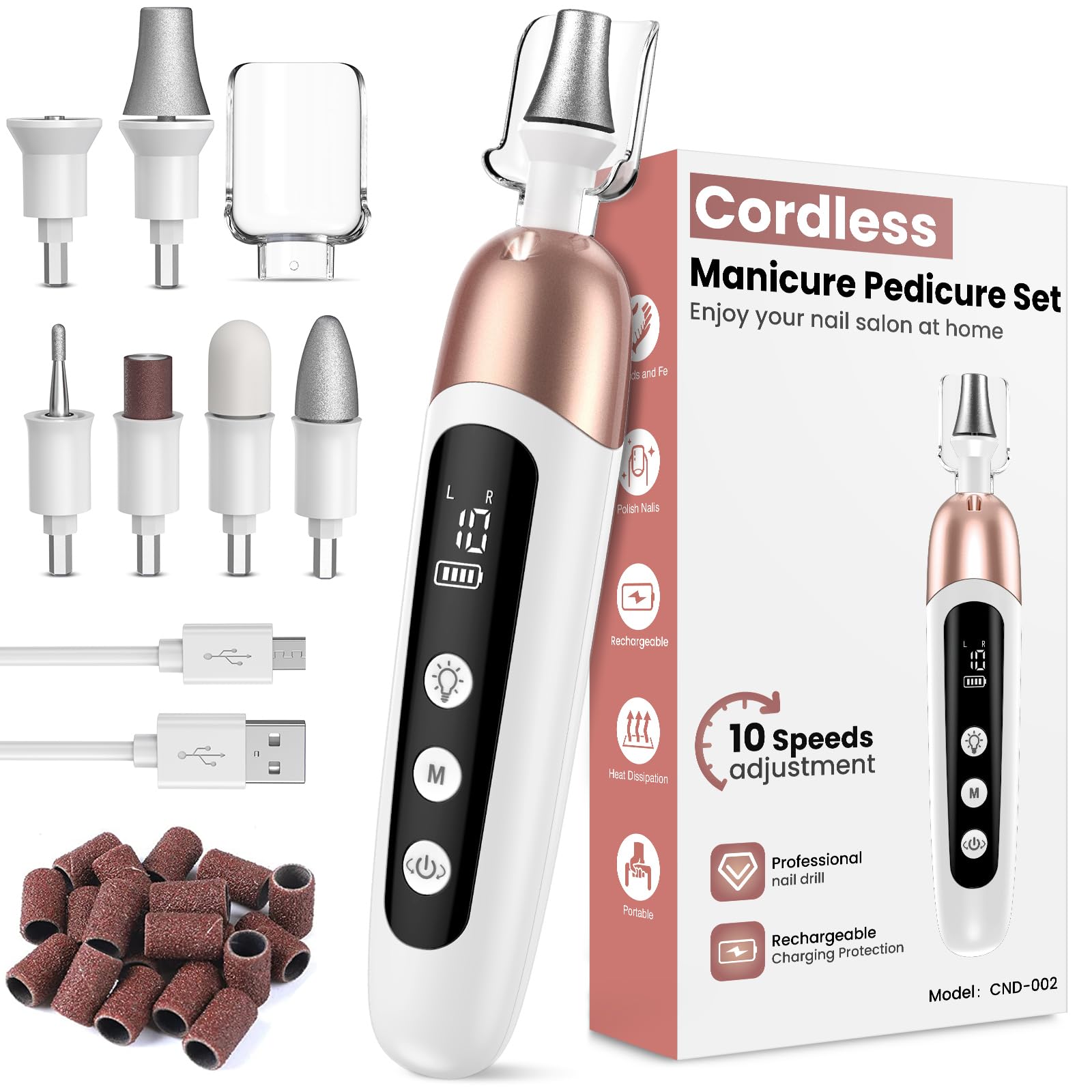 Maniküre/Pediküre Set, Nagelfräser, Kabellos Akku Elektrische Nagelfeile mit 6 Aufsätze zur Nagelpflege, Nagelfräser für Gelnägel mit 10 Geschwindigkeiten und LED Licht, Hände Fußpflege Fräser set