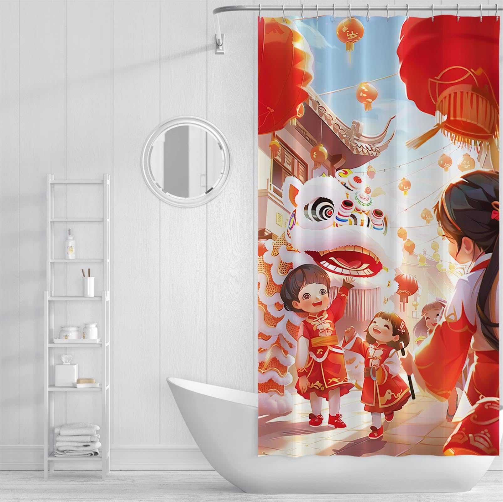 Cortina de ducha de diseño de dibujos animados Feliz Año Nuevo festivo Decoración festiva Cortina de ducha para baño Cortinas de ducha impermeables con ganchos 220Bx200Lcm