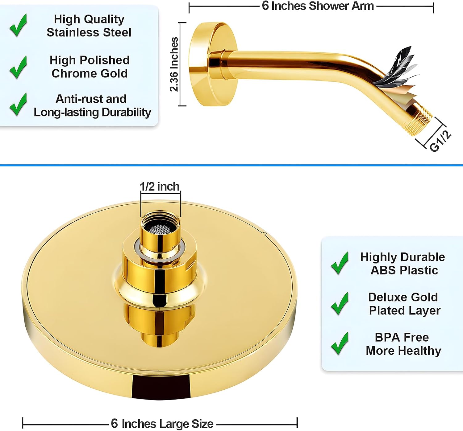High Pressure Rainfall Shower Head, 6 Inches Showerhead with Perfect Adjustable Replacement, Removable Restrictor, Easy Installation for Your Bathroom Shower Heads (Deluxe Gold + Shower Arm)
