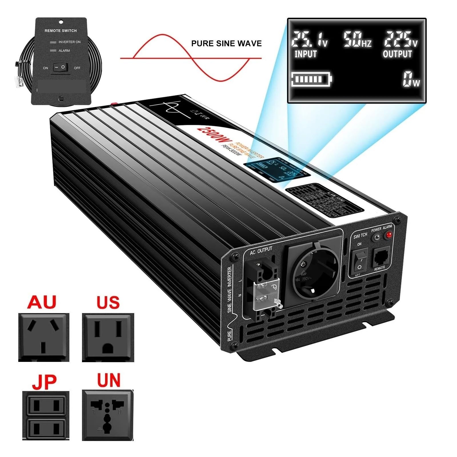 Inversor Energía Solar Onda Sinusoidal Pura con Pantalla LCD 2500 W 12 V CC 24 V 48 V CA A 110 V 220 V CA Transformador(12V,110-120V,USA)