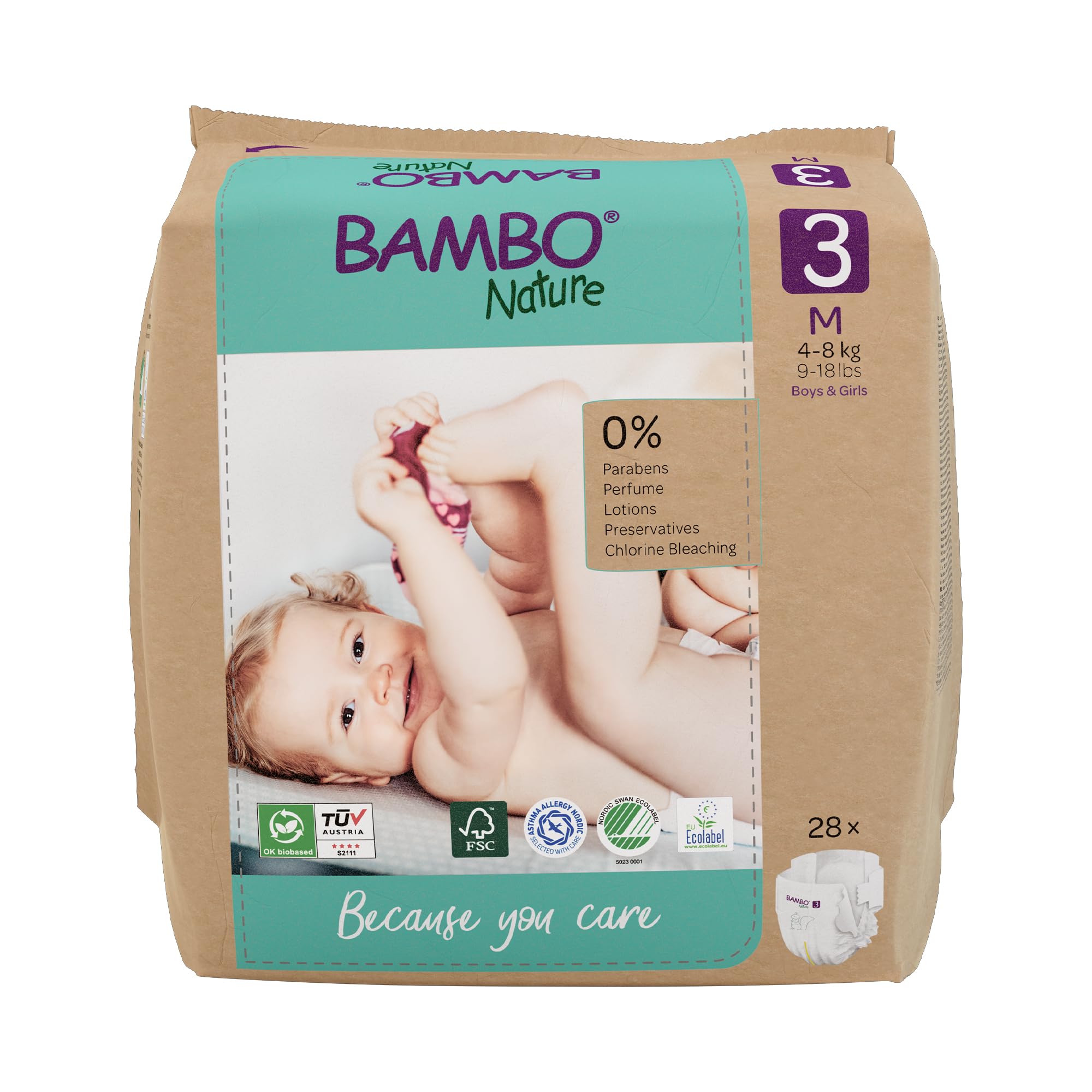 Bambo Nature Premium Eco Nappies, Size 3 (9-18lb/4-8kg), Midi, 28PK, Eco-Labelled Sustainable Nappies, Enhanced Leakage Protection, Secure and Comfortable Baby Nappy