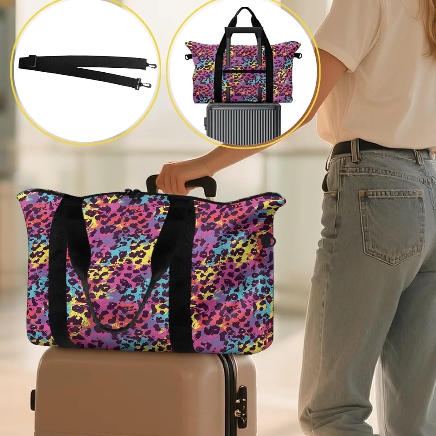 Leopard Print Foldable Collapsible Waterproof Travel Duffel Bag Lightweight Travel Duffel Bag Packable Luggage Duffle Gym Overnight Carry on Luggage Bags for Women and Men