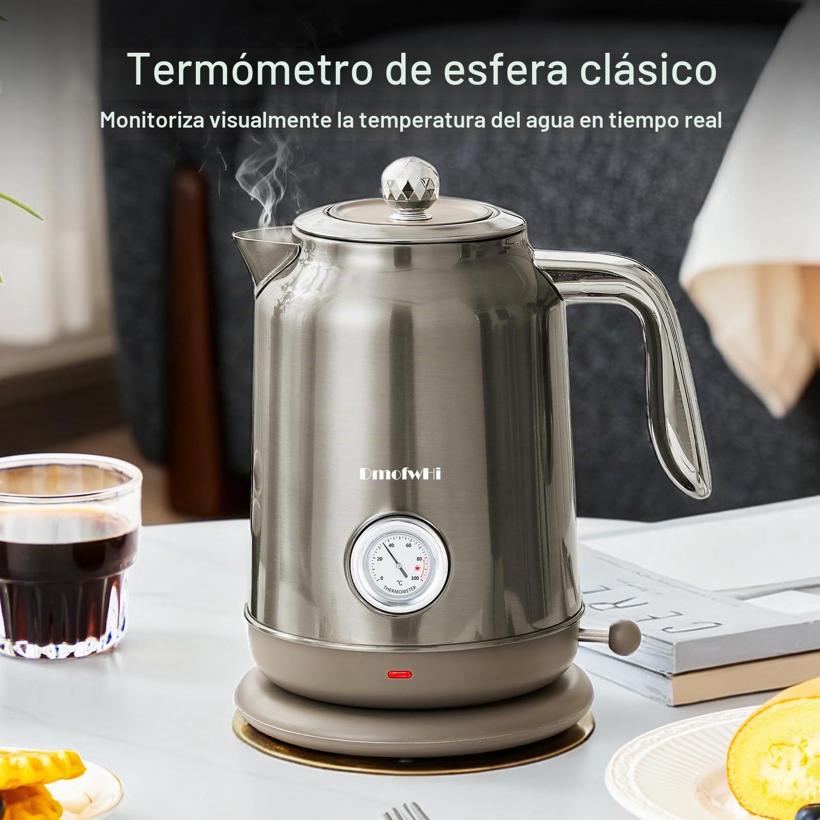 DmofwHi Hervidor de Agua Eléctrico de 1,7 Litros - Tetera Electrica con Termómetro e Indicador de Temperatura - Apagado Auto & Protección Ebullición Seca - Para Café, Té y Familia (Cromo)