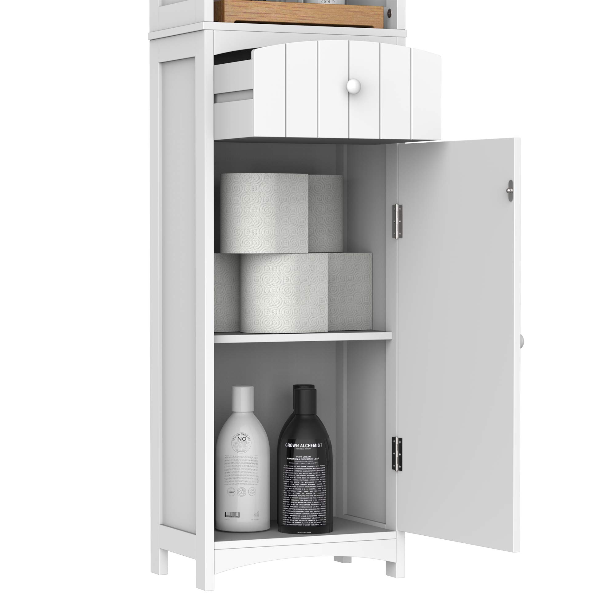 HOMCOM Armario Alto de Baño Estrecho 1 Cajón Moderno 34x24x170 cm Blanco | 3 Estantes Abiertos, Columna de Baño, para Salón, Aseo, Cocina