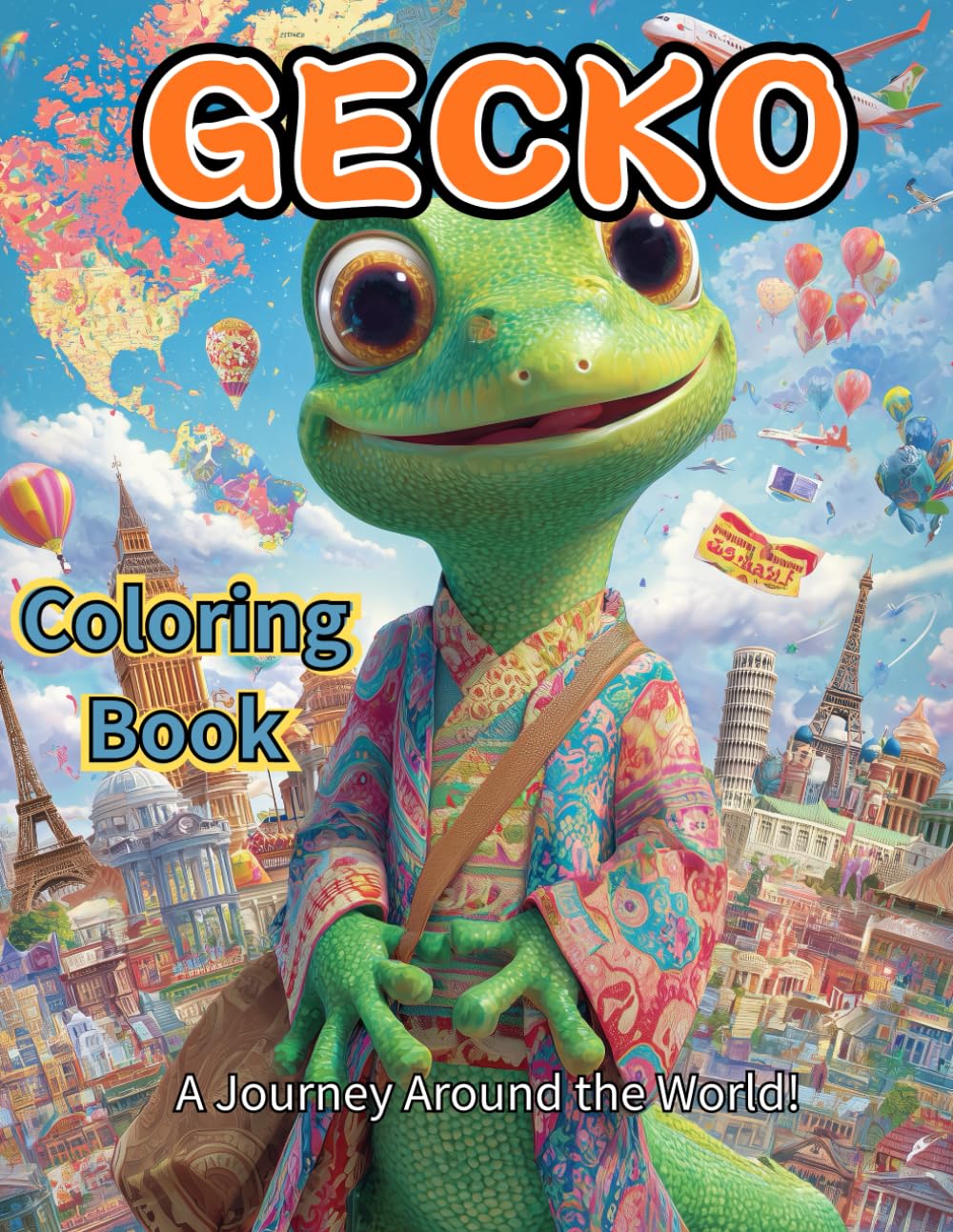 Gecko Coloring Book: World Adventure: Travel the World with Gecko! 60 Pages of Iconic Landmarks and Creative Fun for Kids and Adults