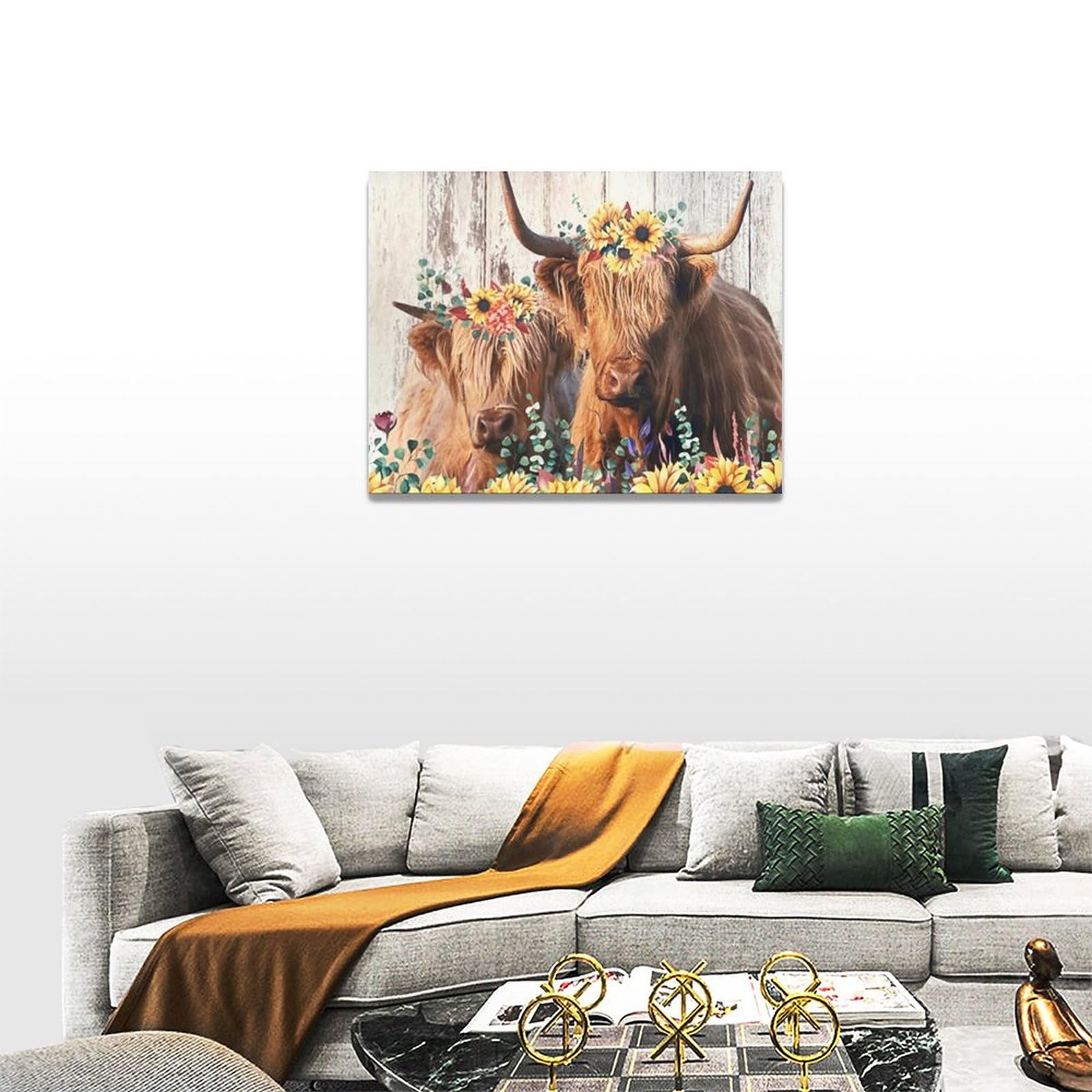 Quadro Su Tela Con Mucca Delle Highlands E Girasole – Decorazione Rustica Per Bagno – Regalo Originale - 2