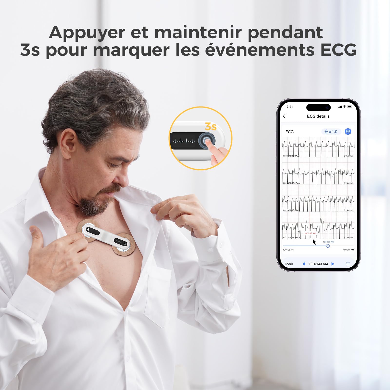 CheckMe ER1-LW Moniteur ECG Portable 72 Heures avec Analyse ECG AI, Fonction Marqueur D'événement ECG, App & PC-software, Compatible avec Les Électrodes à pression de 4 mm