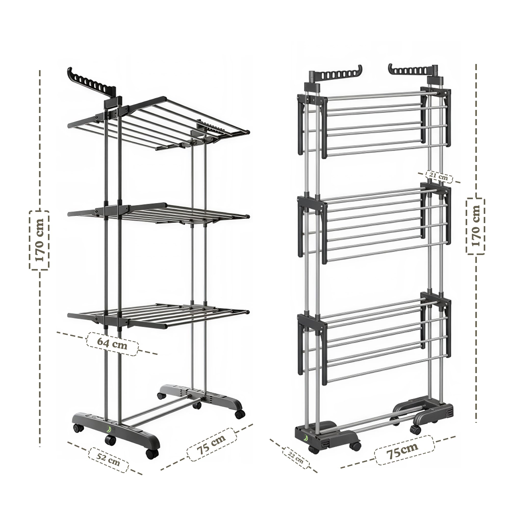 CAMBURVERDON® Tendedero Vertical Tipo Torre - Base Plegable | BASE PLEGABLE: guardado ultra compacto. Incluye 10 perchas exclusivas. Acero inox (50kg), 4 niveles y movilidad 360º.