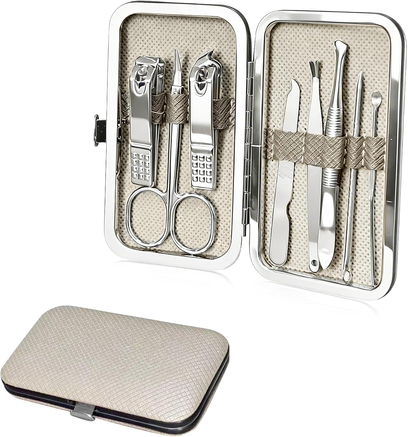 Travel Nail Kit – Manicure Set with Fingernail & Toenail Clippers, Stainless Steel Nail Tools in Travel Case, Portable Grooming Essentials for Men & Women (Beige)