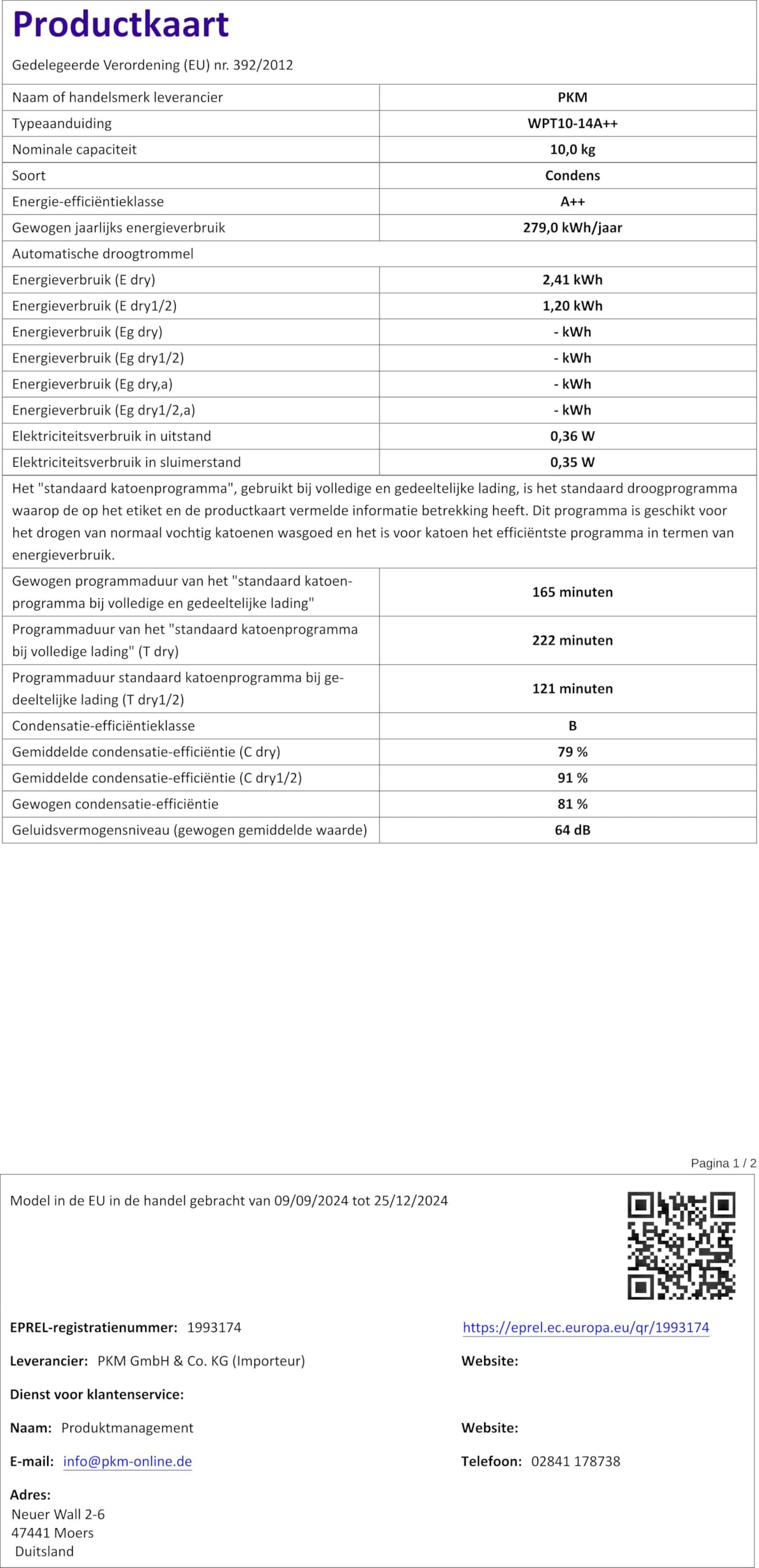 PKM Secador de bomba de calor WPT10-14A++ 10 kg wh A++ (envío de expedición)