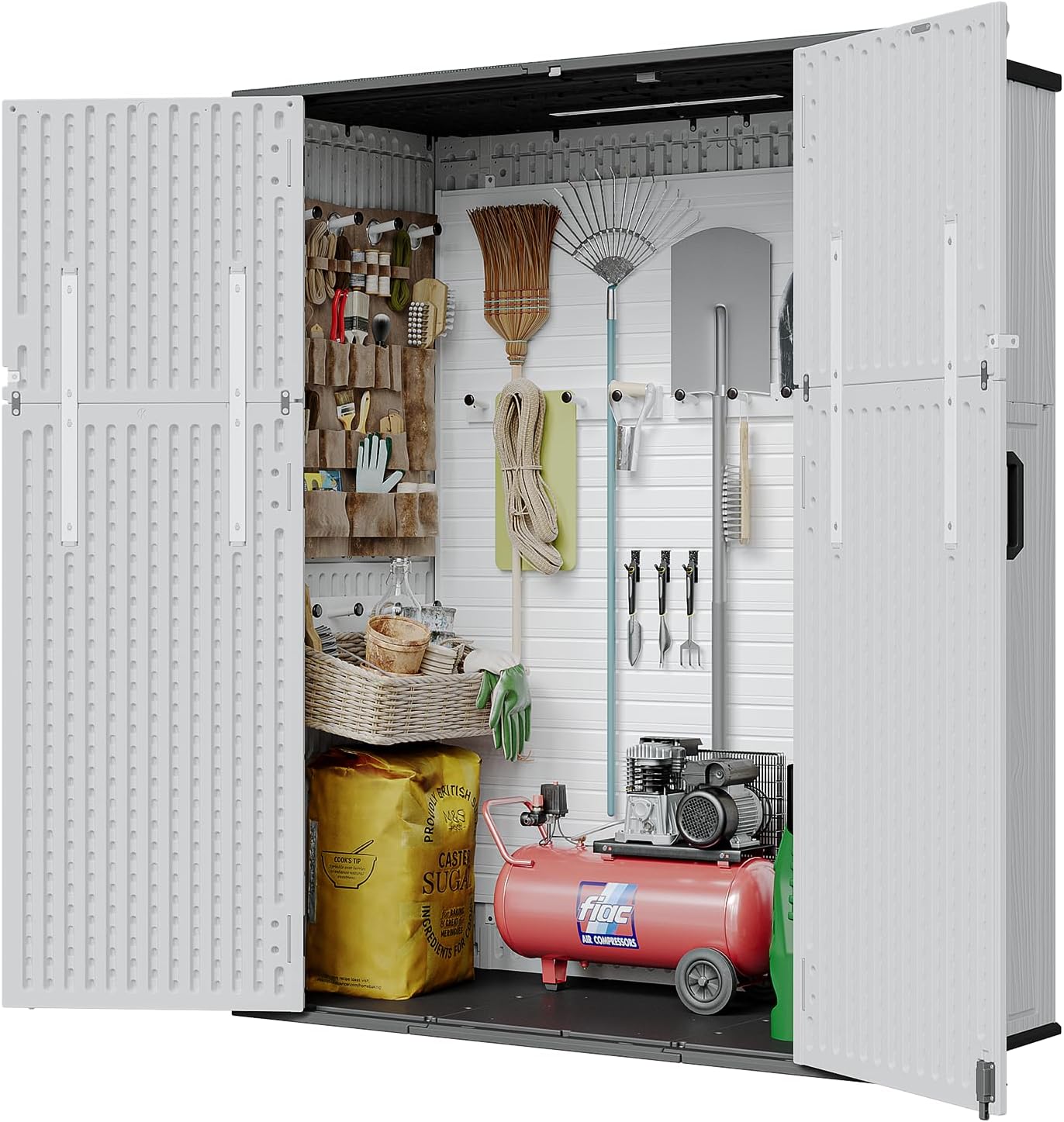 AOXUN Horizontal Storage Sheds 61 Cu.ft, HDPE Outdoor Storage Box 160 Gallon, Waterproof Lockable Resin Deck Box with Spring-Assisted Lid, Patio Storage for Garden, Pool, Cushions, Tools, White