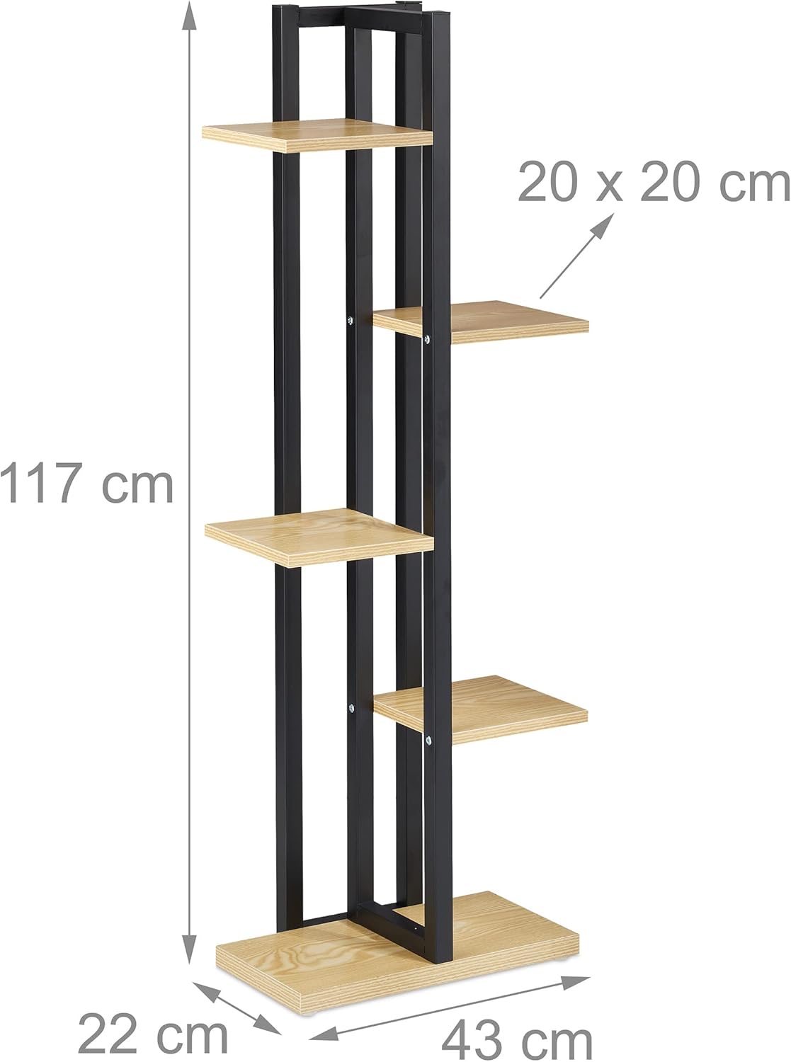 Relaxdays Plant Shelf, Flower Stairs with 5 Shelves, H 117 x 43 x 22 cm, Steel and MDF Flower Shelf Inside, Light Brown