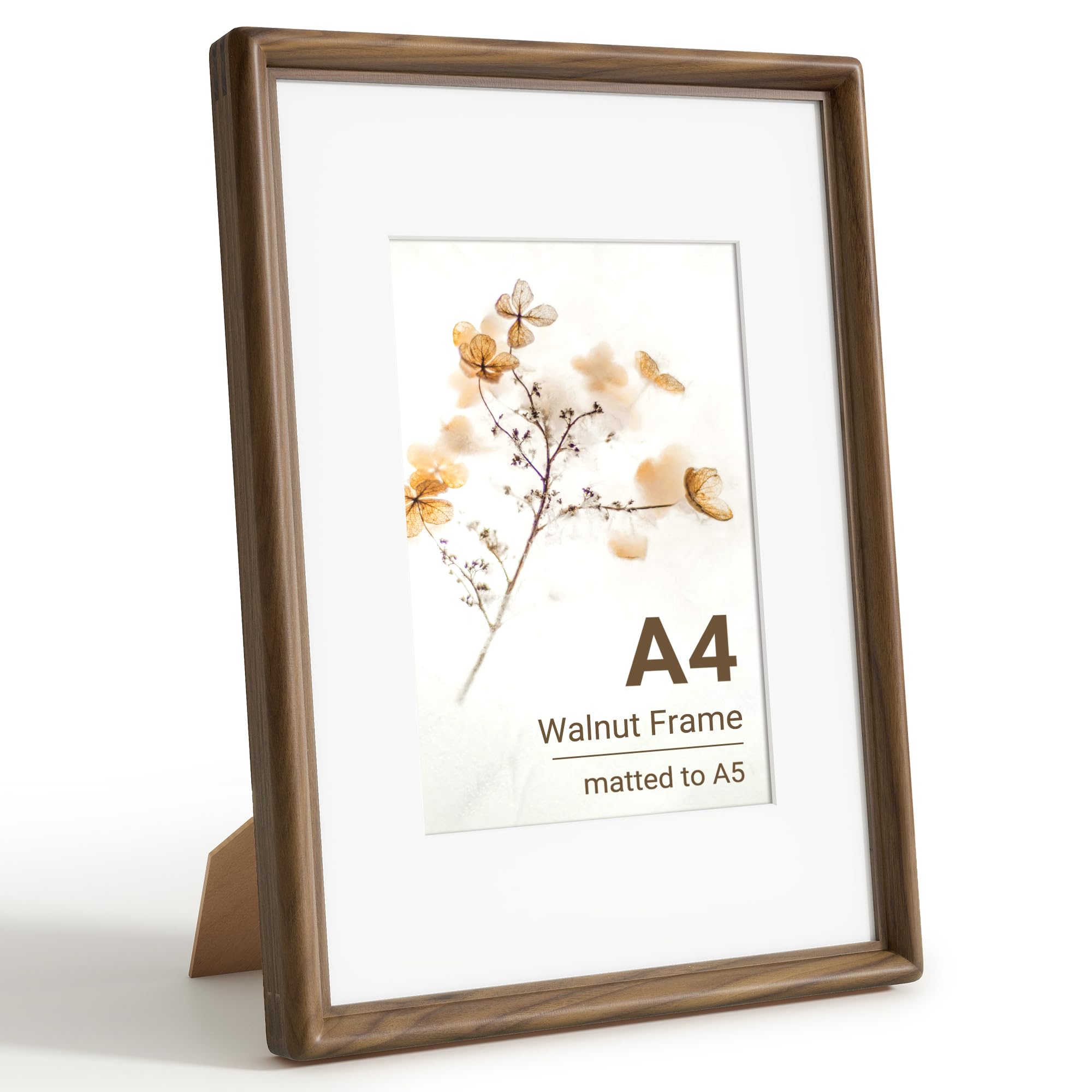 KovaScape A4 Photo Frame, Solid Walnut Wood Picture Frame with HD Tempered Glass, Handcrafted Real Wood Frame with Mount for A5 Photo, Rounded Corner Design, Wall Hanging or Tabletop Display — image 1