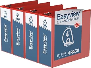 Easyview 3-Ring Binder, Clear-View Cover, 4" D Rings, Red, 4 Pack