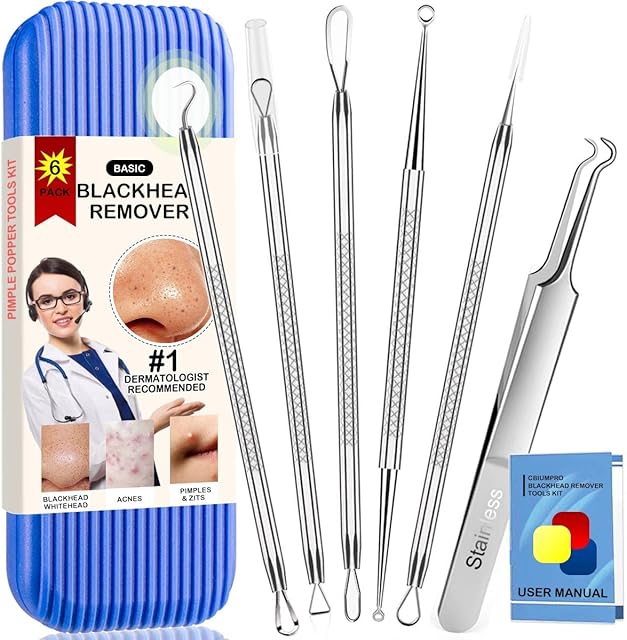 Blackhead Remover Pimple Popper Tool Kit, 6 Pack Professional Comedones Extractor Acne Removal Kit for Blemishs, Whitehead Popping, Zit Removing for Nose Face - with Organized Case
