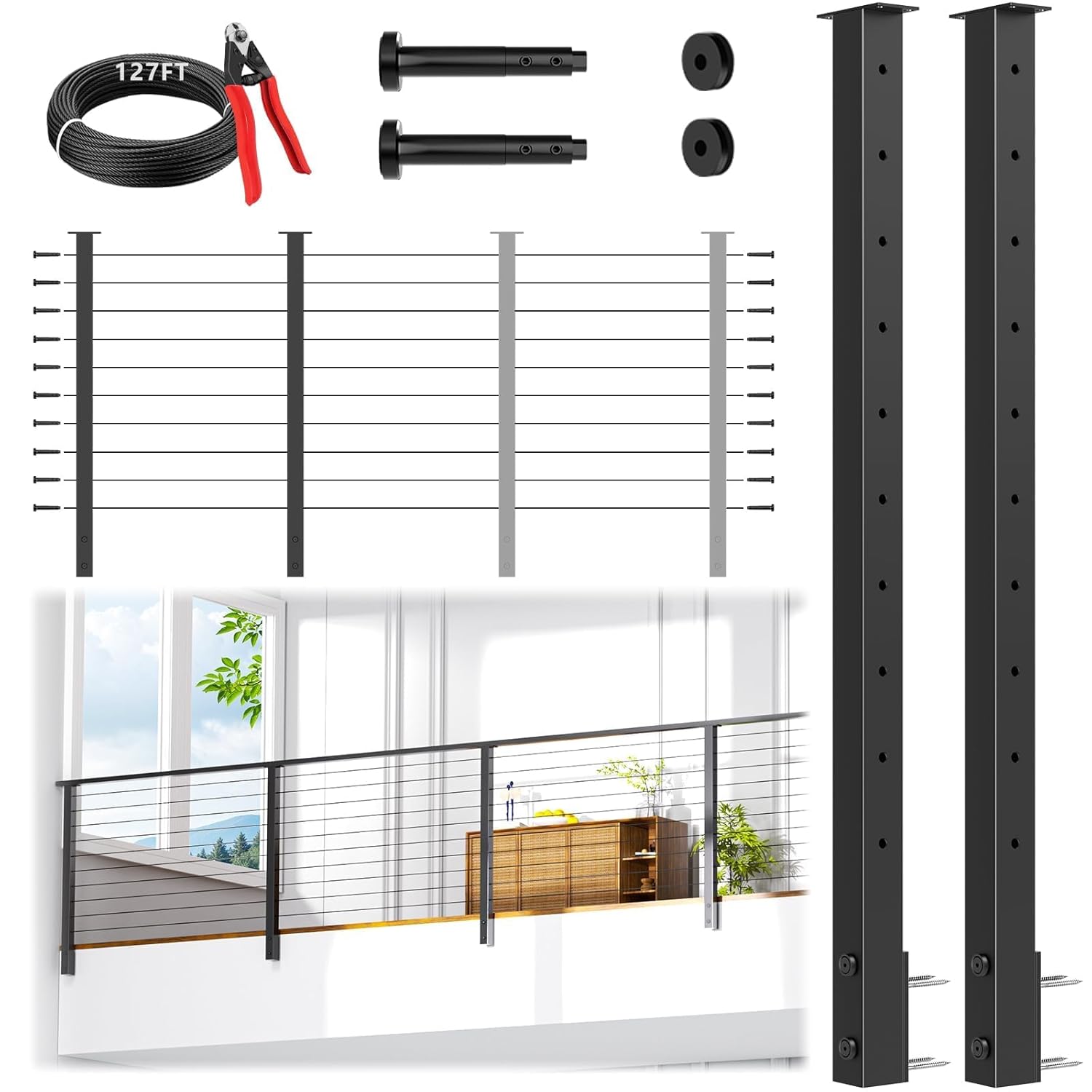 Swageless 4-12FT Side Mount Cable Railing Post Kits 36 Inch, All Black Space-Saving Fascia Mount Level Railing System Include 2 Side Mount Posts, 127FT Cable, 20 Swageless Patent Tensioner