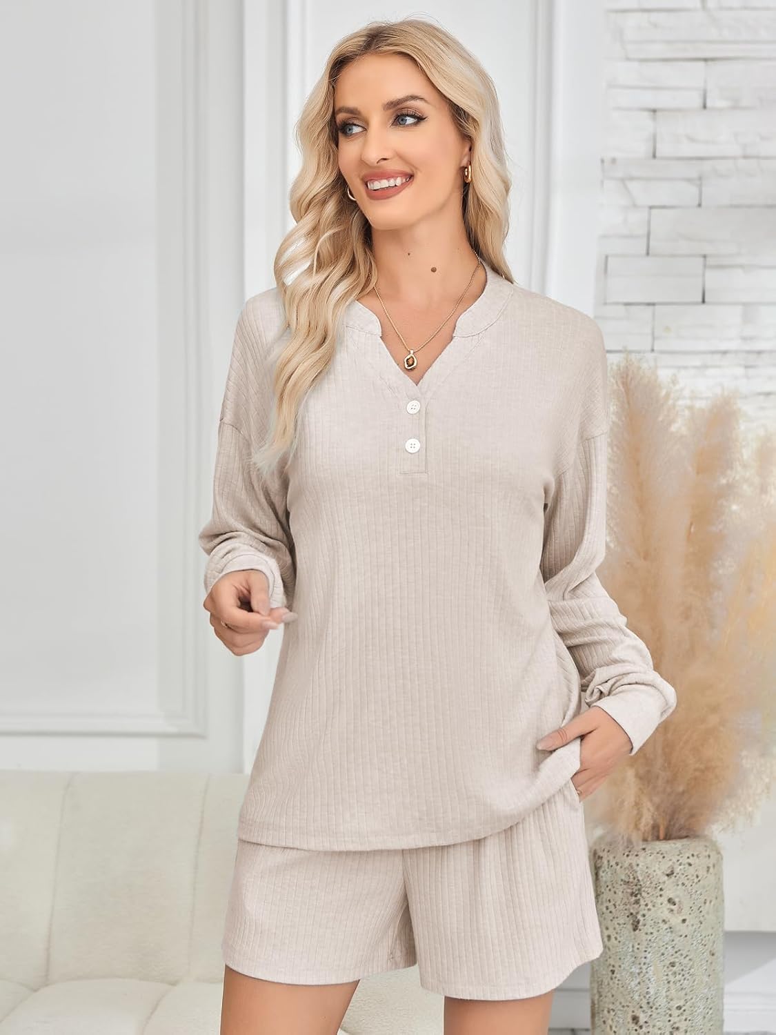 Womens Ribbed Knit 2 Piece Lounge Sets Outfits Long Sleeve Top and Shorts Pajama Sets Loungewear with Pockets - Image 3