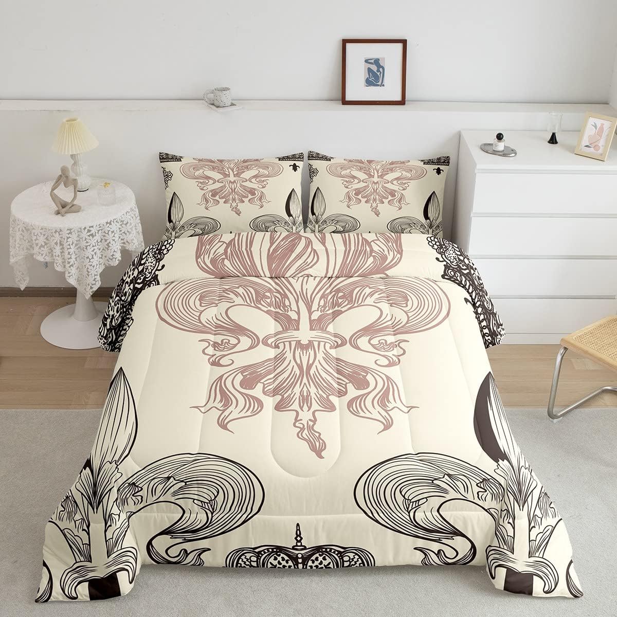 Feelyou Fleur-De-Lis Bedding Set Vintage European Pattern Comforter Set for Kids Boys Girls Boho Room Decor Comforter Bohemian Retro Quilt Set 3Pcs Full Size