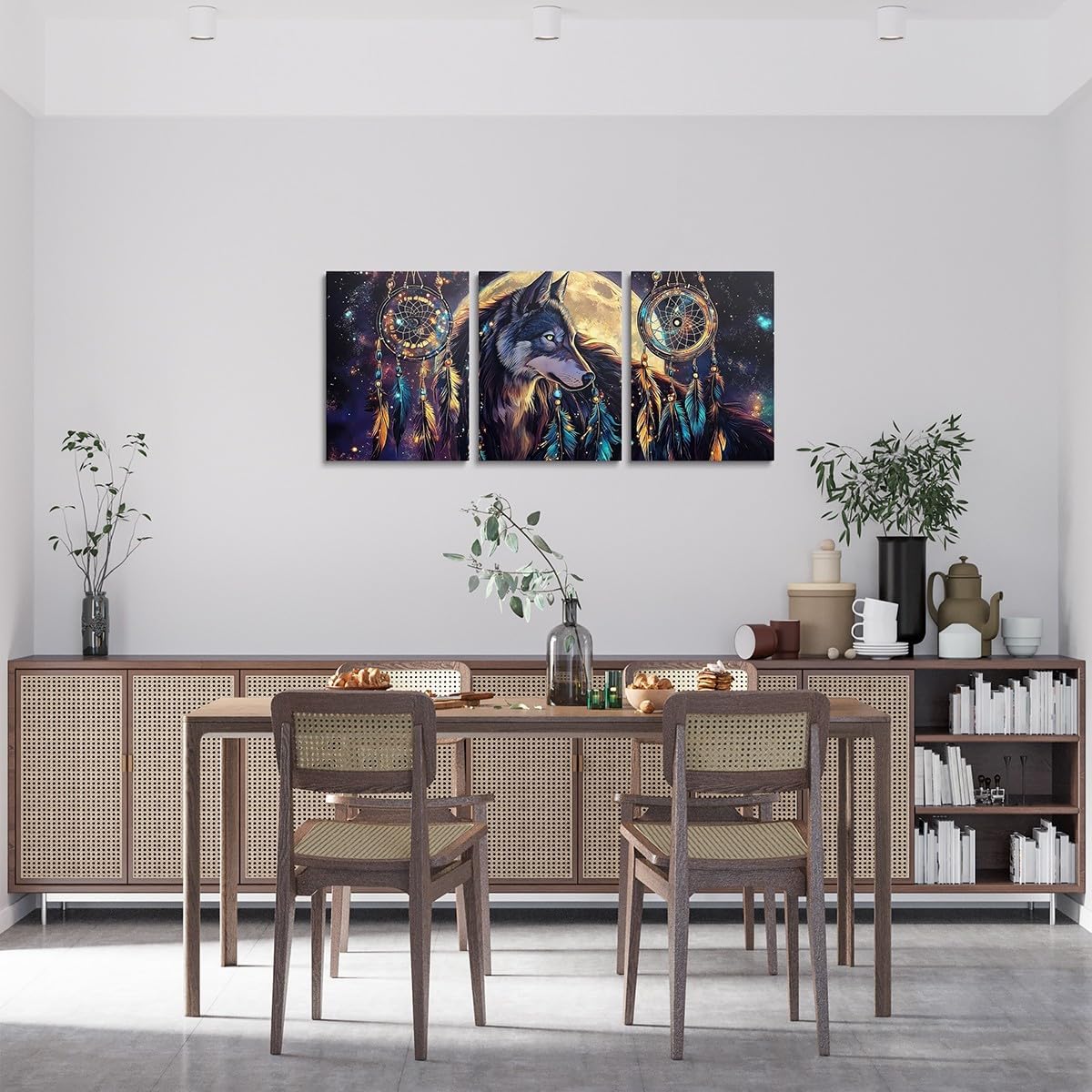 Erosebridal Dream Catcher and Wolf Canvas Wall Art Set of 3,Indian Tribal Boho Dream Catchers Pictures Wall Decor for Home Bedroom Living Room,Moon Galaxy Poster Prints for Wall Decor