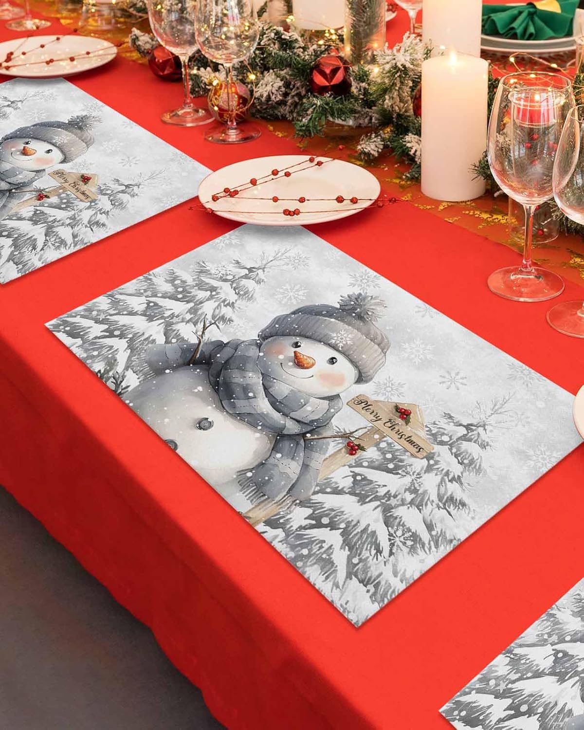 Christmas Placemats Set of 6 Snowman Place Mats Grey Snowflake Placemat Xmas Pine Tree Table Mats for Dining Kitchen Table Winter Holiday Dinner Party Home Christmas Decorations 13x19 Inch