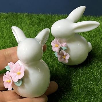 Set of Mini Ceramic Rabbit Figurines, Porcelain Easter Bunny Decorations for Home, Tabletop Ornament, Tea Ceremony Pet (2-Flower)