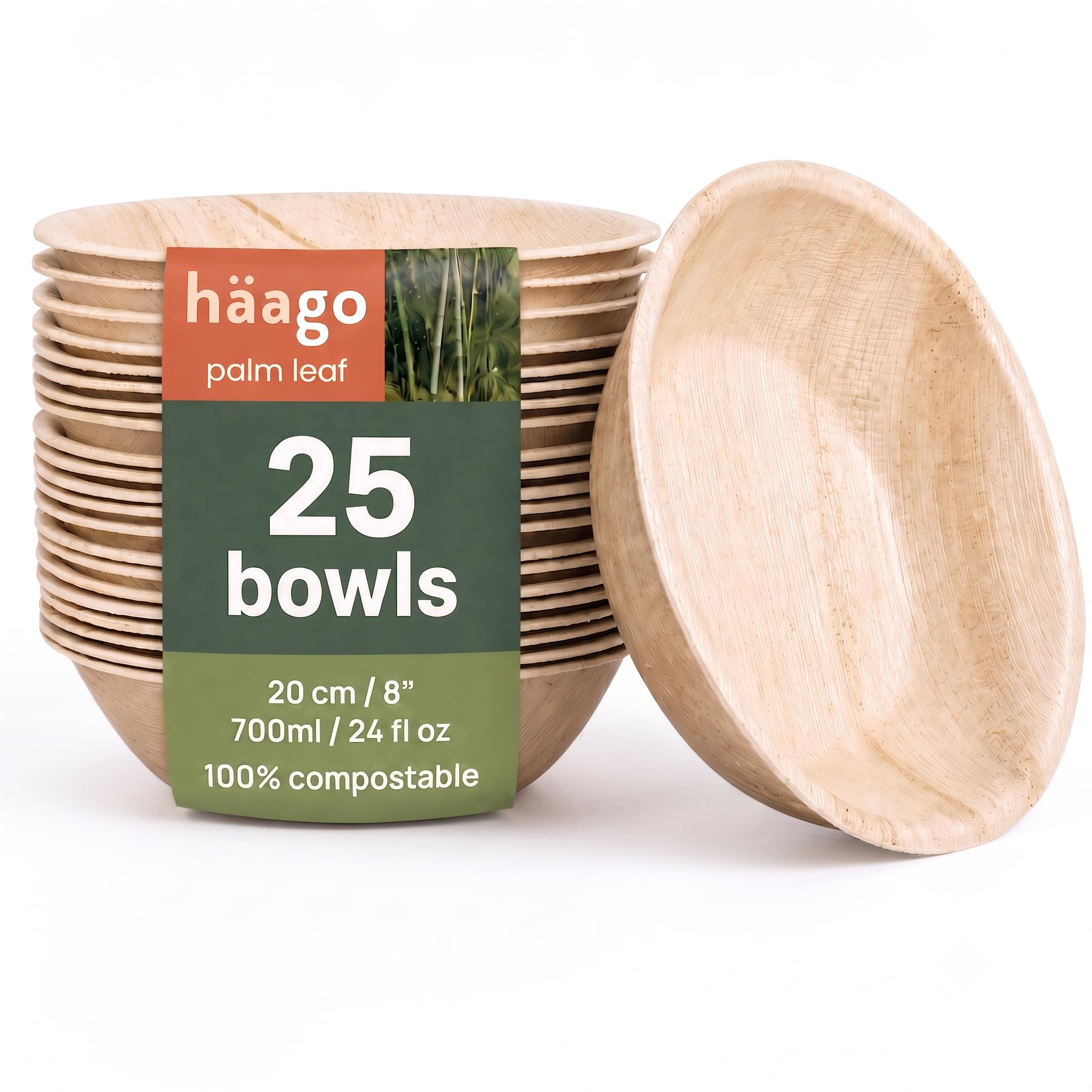 HAAGO 25 Large Disposable Serving Bowls, 700 ml Palm Leaf Bowls – 20 cm Compostable Party Bowls for Hot & Cold Food, Buffet, Crisps & Pasta – Microwave, Oven & Freezer Safe, Natural Bamboo-Look — image 1