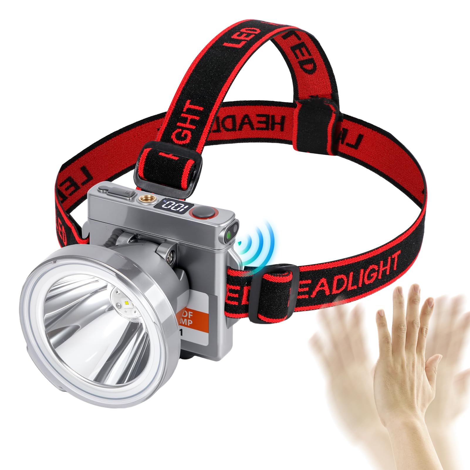 Linterna frontal LED superligera ultrafina con sensor de movimiento, batería de polímero de 5000 mAh, 4 modos con pantalla de nivel de batería, impermeable IP65, perfecta para camping, senderismo