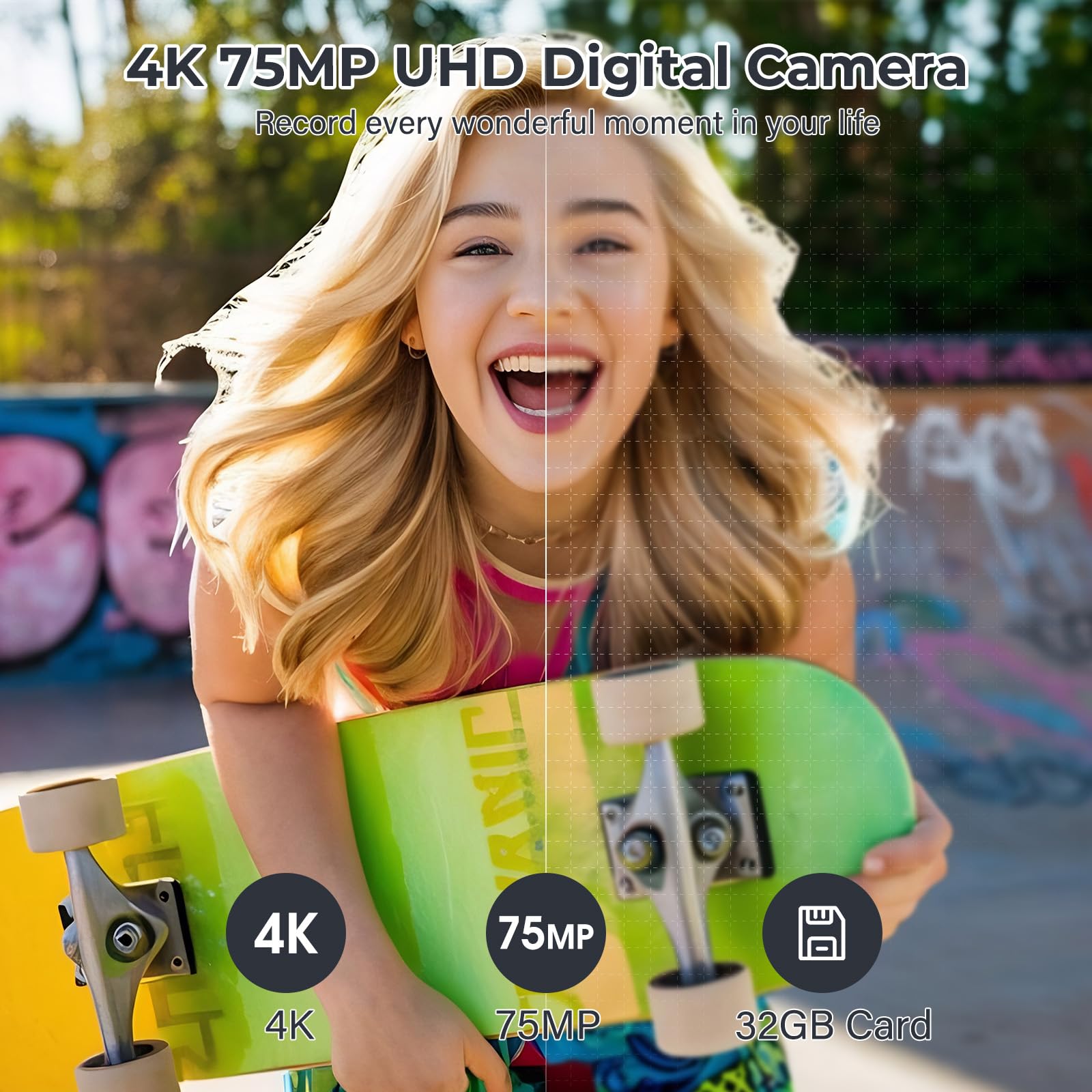 4K Digitalkamera mit WLAN, 75MP Kompaktkameras - 3 Inch 180 Grad Autofokus Wiederaufladbare Vlogging Fotoapparat Kamera mit WiFi Micro SD Karte &2 Akkus, 16X Digitalzoom für Anfänger