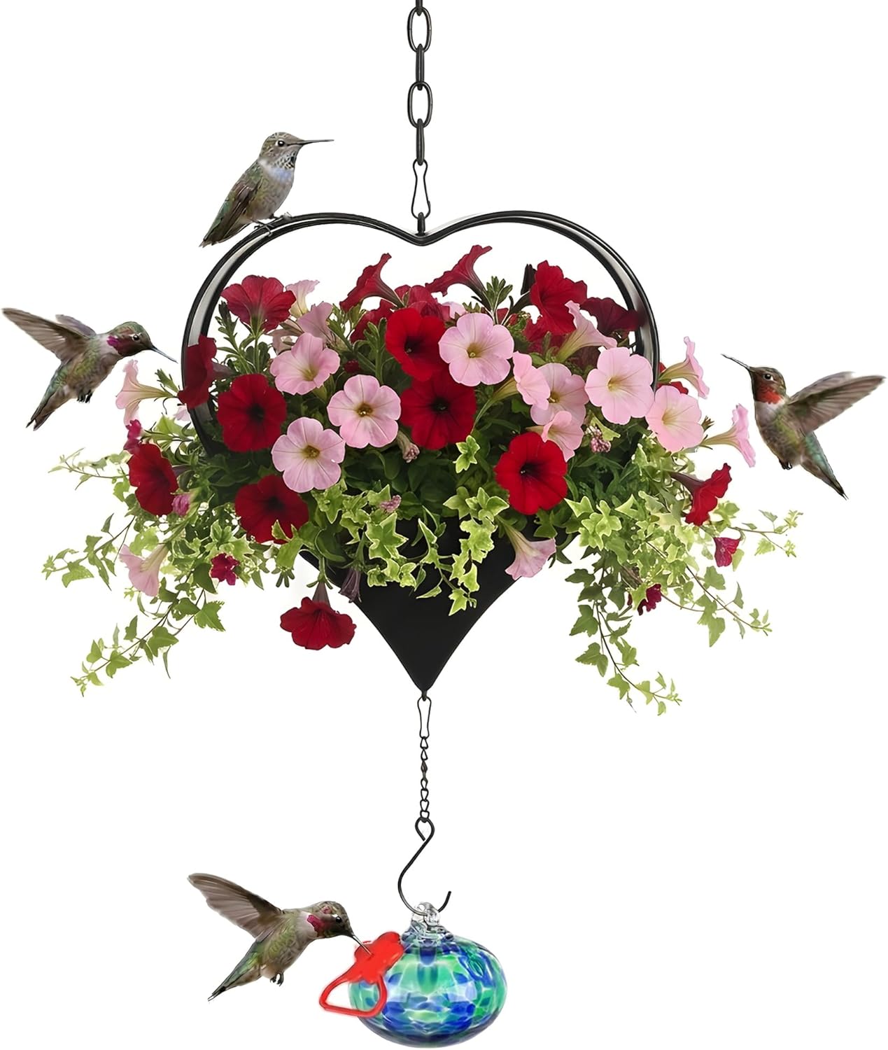 Headak Life Hummingbird Feeder for Outdoors Hanging,Heart Shaped Iron Hanging Planter with Hand Blown Glass Hummingbird Feeder,Leak Proof,Outdoor Garden Decor Gifts for Mom Women Bird Lovers