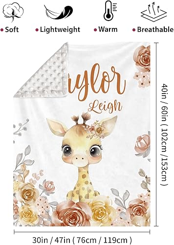 Miniatura 2 de Manta de bebé personalizada para niños, nombre personalizado con diseños de jirafa, franela suave con respaldo de puntos de doble capa, manta