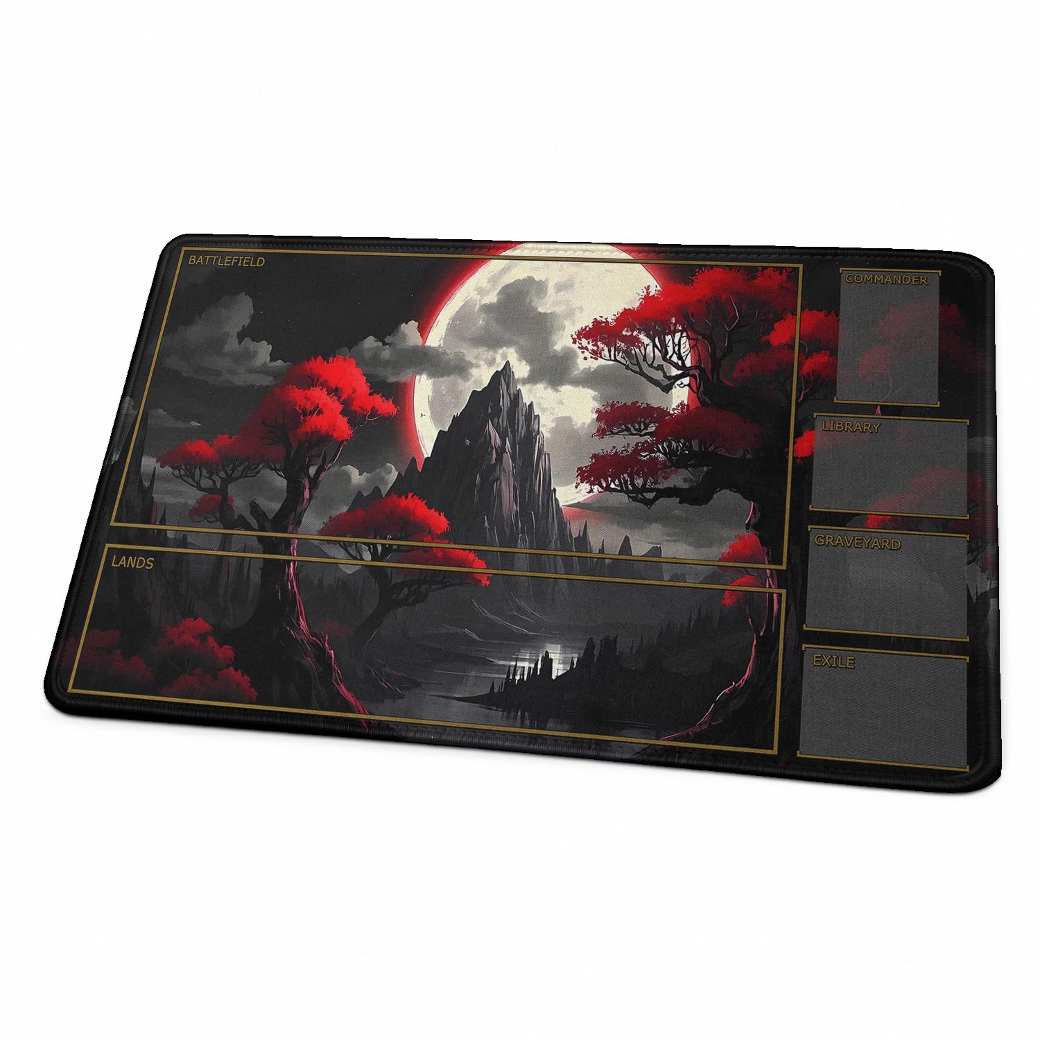 MTG Playmat, TCG Playmat with Zones, Stitched Edges Non-slip Rubber Base Game Mat, Trading Card Game Playmats Size 24" x 14" with Storage Bag (Red Flower With Zones)