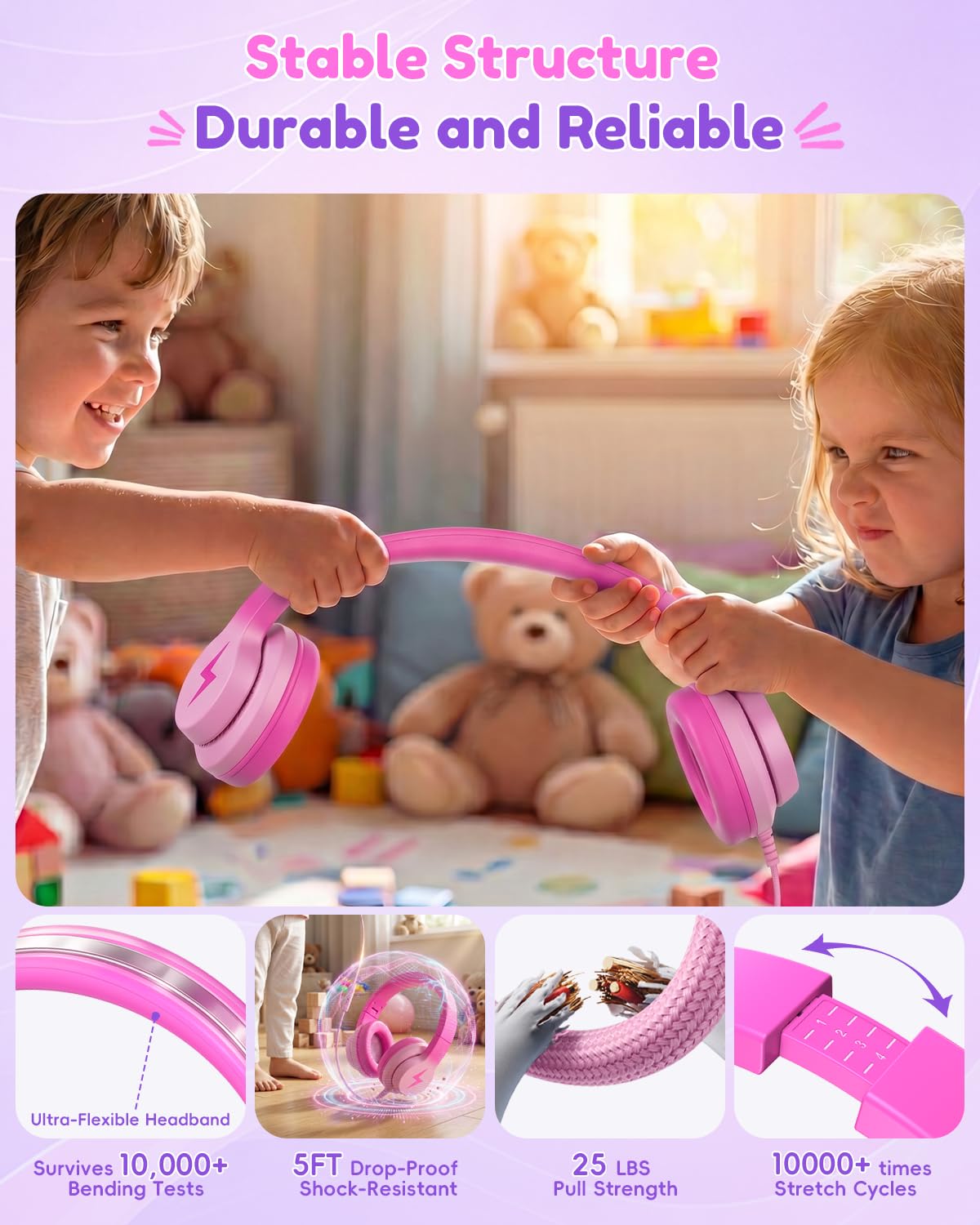 Candy Bila Cuffie per bambini per la scuola, cuffie USB C per bambini, cuffie cablate per bambini, suono stereo HD, cuffie sovraurali pieghevoli per bambini, ragazze, PC, tablet, colore rosa scuro