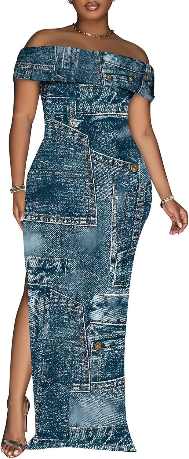 Yuopeid Women's Sexy Off Shoulder Bodycon Maxi Dresses Fashion Printed High Split Clubwear Party Long Dress - Image 2