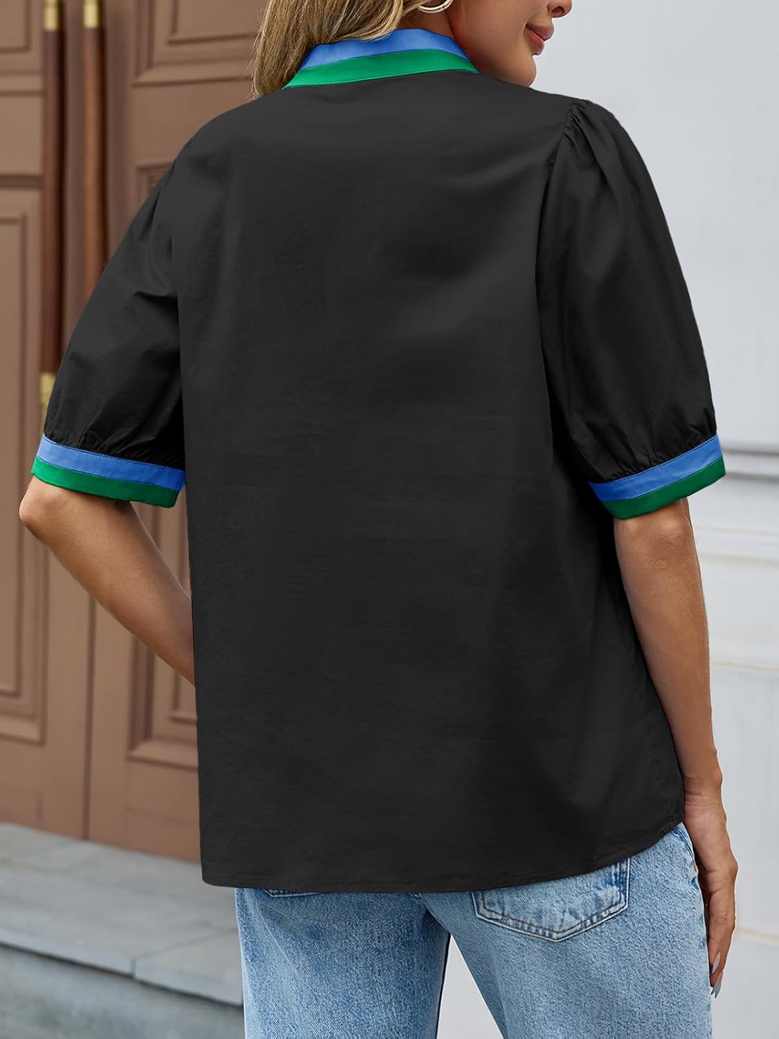 Tankaneo Womens Color Block Puff Sleeve Tops Dressy Casual V Neck Cotton Blouses Summer Loose Fit Tees Shirts - Image 7