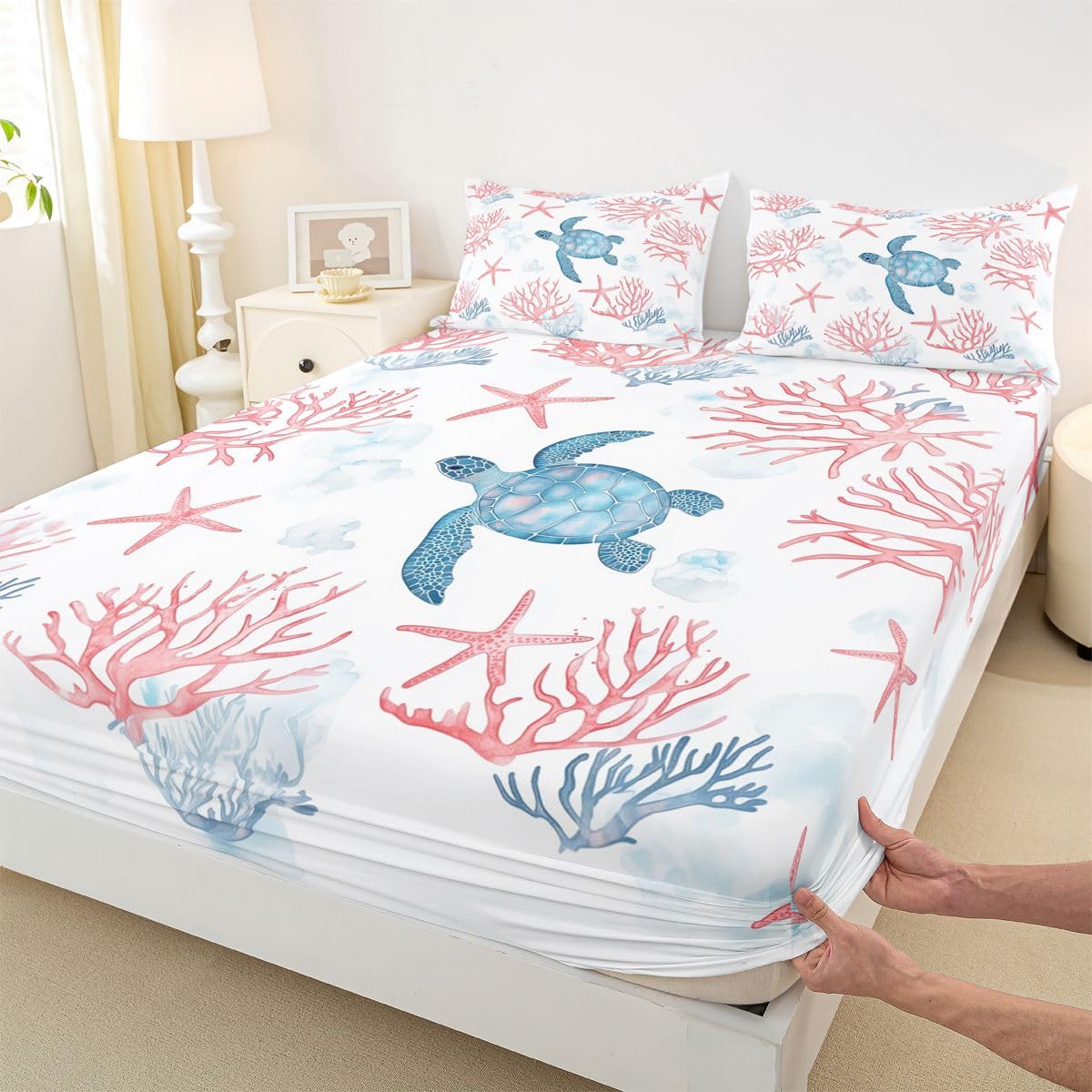 Manfei Sábana bajera ajustable de tortuga marina, tamaño King, juego de ropa de cama tropical hawaiana, 3 piezas, sábanas de estrella de mar coral con 2 fundas de almohada, decoración de habitación de