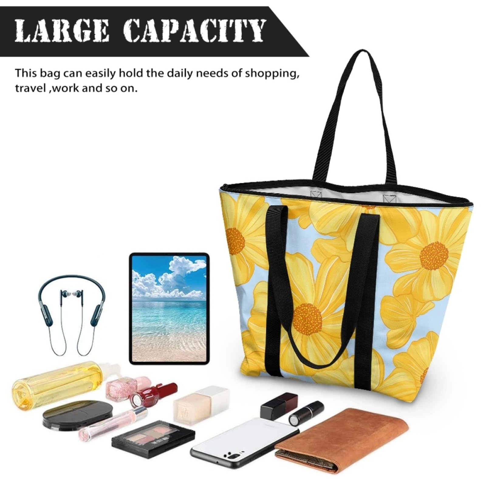 Tote Bag Tela Bolsa Tela Poliéster Bolsa Compra Plegable Bolso de Mano de Mujer Reutilizable Totebag Playa Cremallera Duradero Bolso Viaje