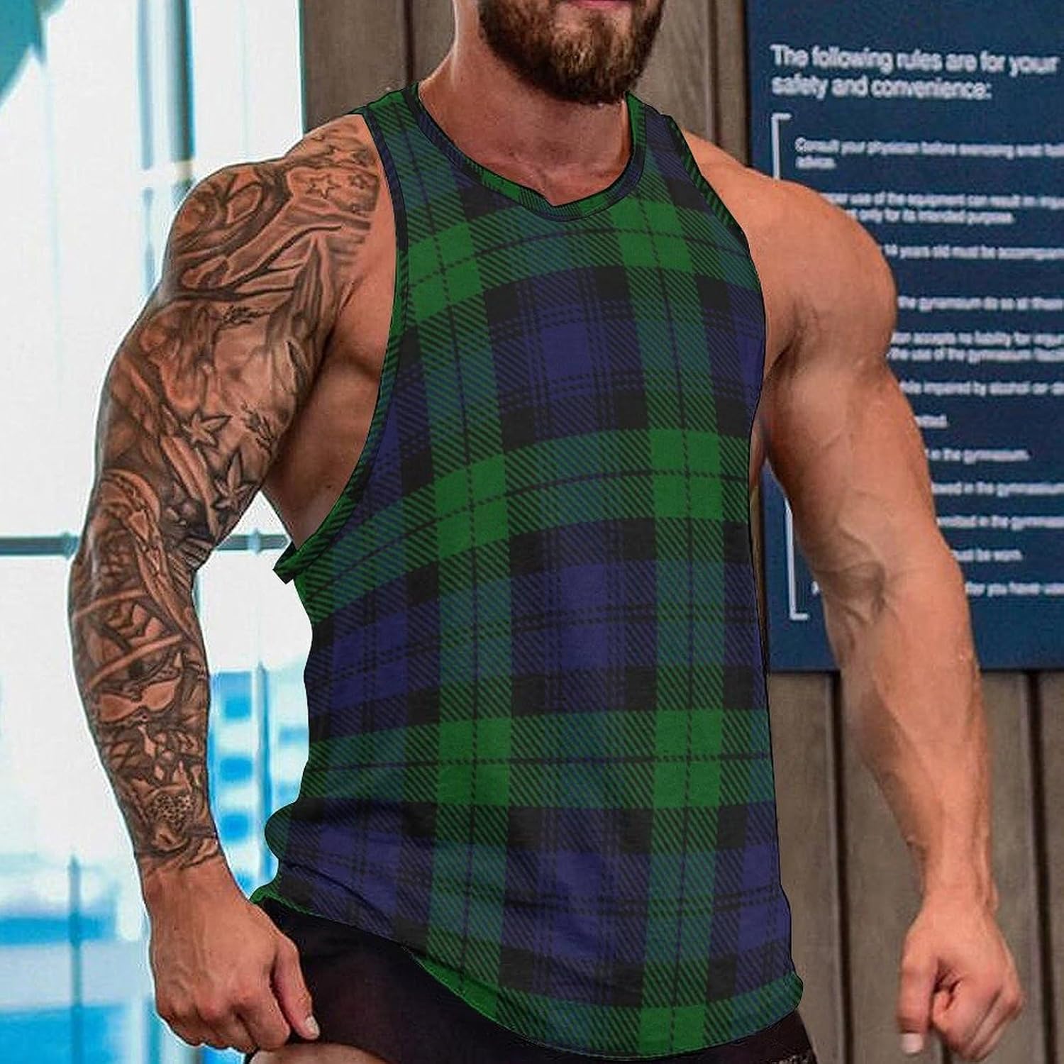 Black Watch Plaid Mens Tank Tops Sleeveless Muscle Shirts Beach Casual Gym Shirt Vest Tee Tops