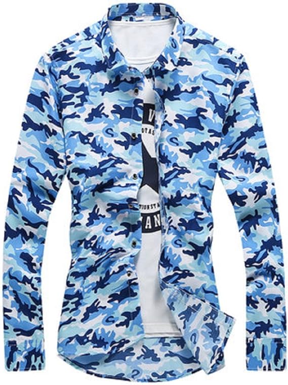 Amazon リスキス Riskiss メンズ カジュアル 迷彩 柄 ワイ シャツ 長袖 タイト Y シャツ カモフラ 青 M L Xl M 青迷彩 シャツ 通販