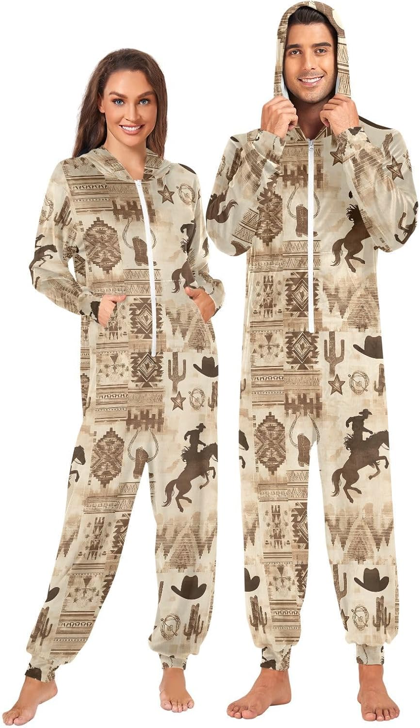 Western Cowboy Horse Indian Unisex Adult Onesie Pajamas Comfy One Piece Costume Jumpsuits Novelty Sleepwear