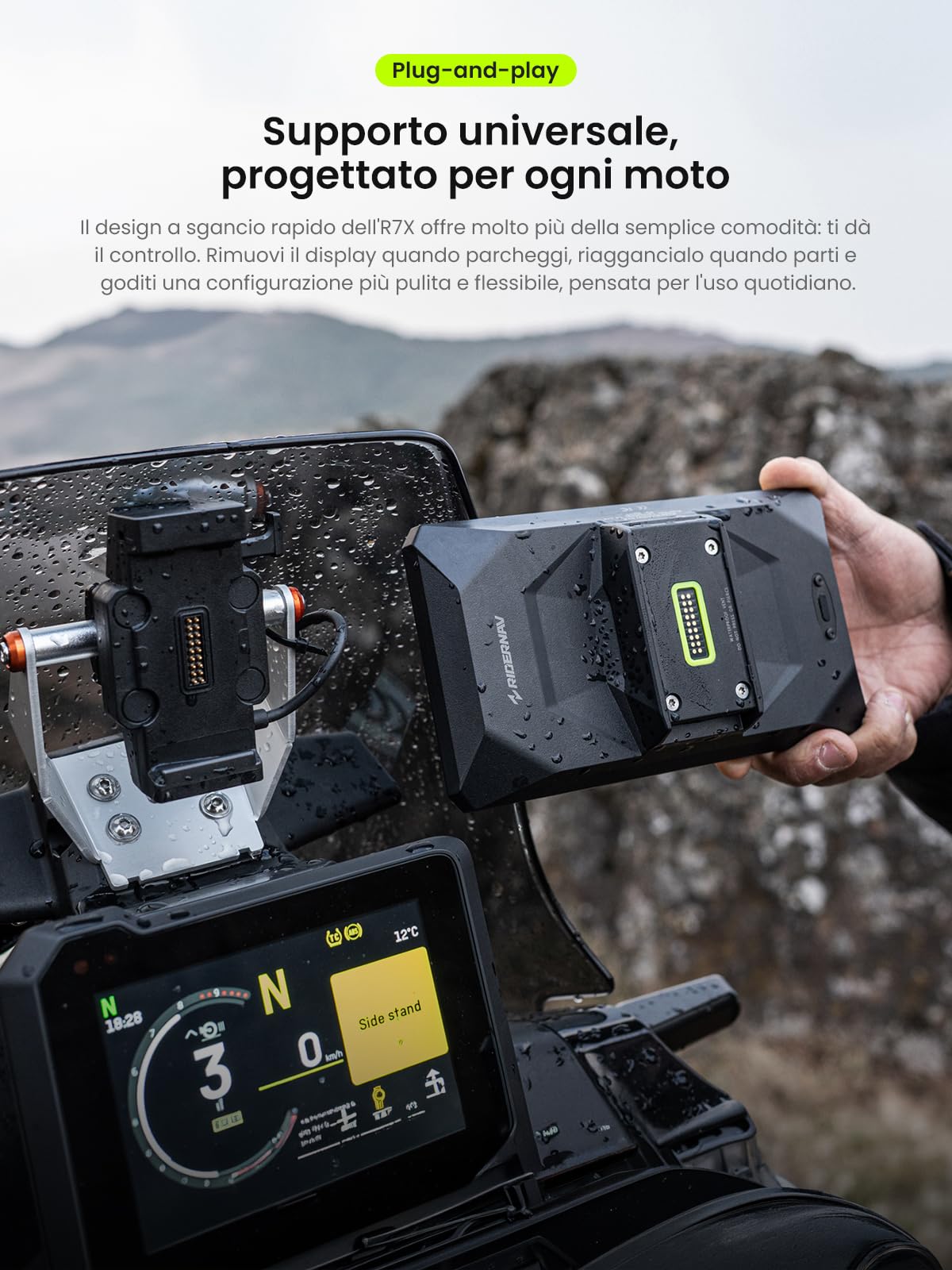 R7X Schermo Wireless per Moto con Apple CarPlay e Android Auto, Supporto a Sgancio Rapido, Display da 7" 1200 Nit 60fps, Impermeabile IP69K, Controllo Action Cam, Misura Universale