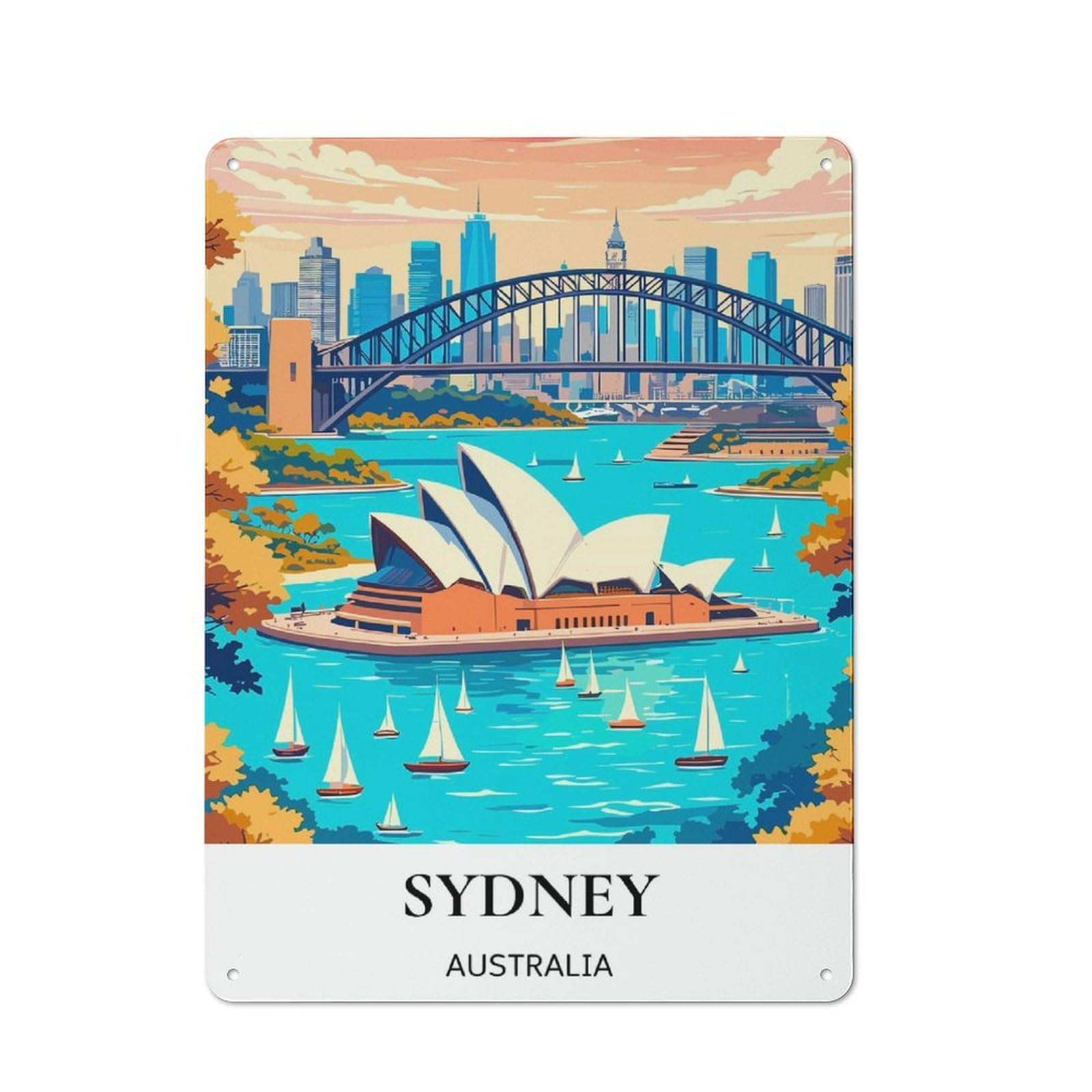 Old Fashioned Retro Metal Sign 40x30cm Featuring Sydney, Australia Cityscape, Vintage Wall Decor for Kitchen, Hallway, Bar Or Small Cafe