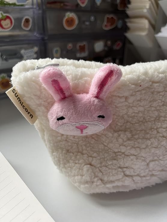 Sevimli Tavşan Peluş Yıkanabilir Fermuarlı Pembe Pötikare Astarlı Bez Kalemlik Kalem Kutusu Büyük Kapasiteli Kalem Çantası